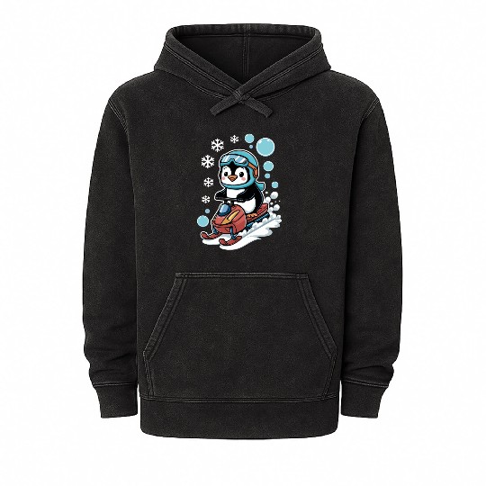 Cute Penguin Riding Snowmobile Winter Fun Mineral Wash Hoodies