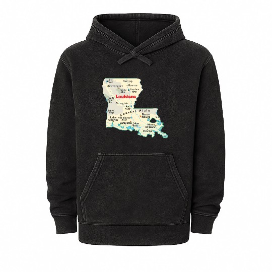 Louisiana map image of state. Mineral Wash Hoodies
