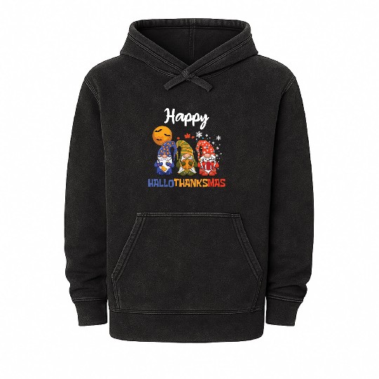 Happy Hallothanksmas Halloween Thanksgiving Gnome Mineral Wash Hoodies