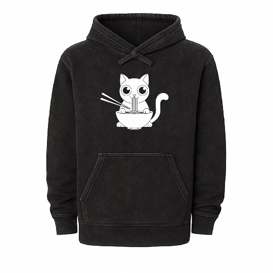 Cute Cat Eating Ramen Kawaii Food Design Mineral Wash Hoodies