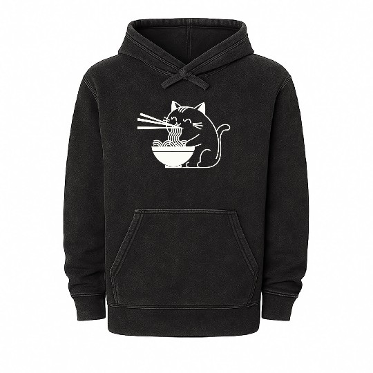 Cute Cat Eating Ramen Kawaii Food Design Mineral Wash Hoodies