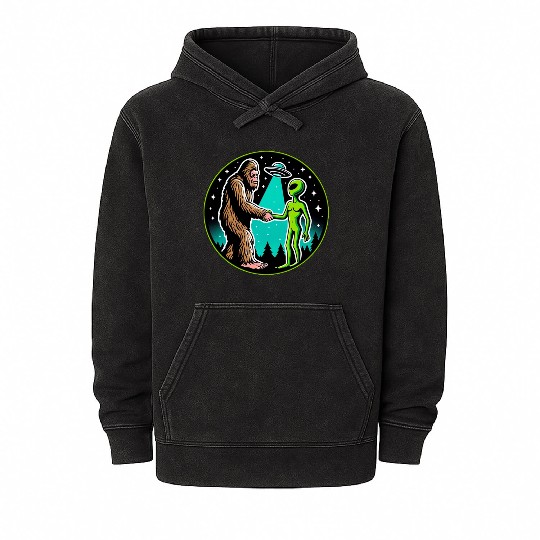 Bigfoot Alien Alliance - Funny Scifi Cryptid Mineral Wash Hoodies