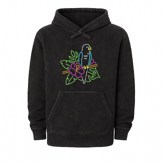 Neon Tropical Parrot with Hibiscus Flower - Colorf Mineral Wash Hoodies
