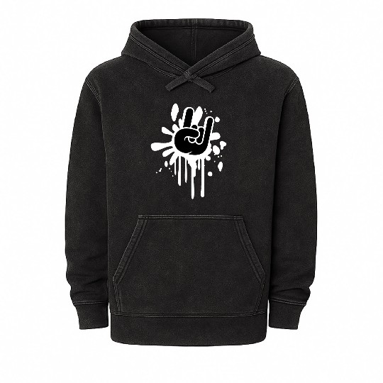 Heavy metal graffiti drop horn finger hand gesture Mineral Wash Hoodies
