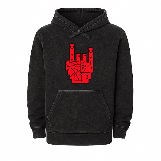 Heavy metal nerd electronic circuits hand gesture Mineral Wash Hoodies