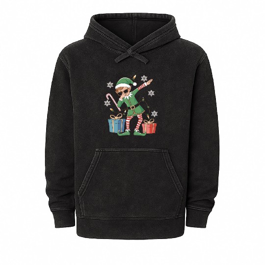 Dabbing Elf with Candy Cane and Gifts Mineral Wash Hoodies