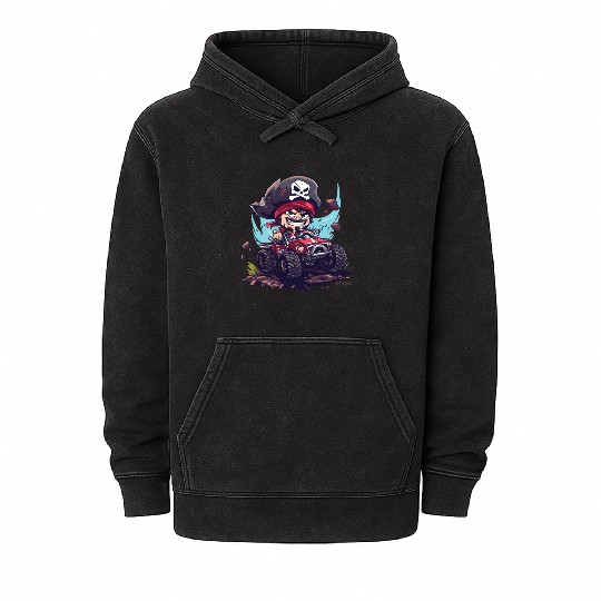 Pirate in Monster Truck Cartoon Adventure Mineral Wash Hoodies