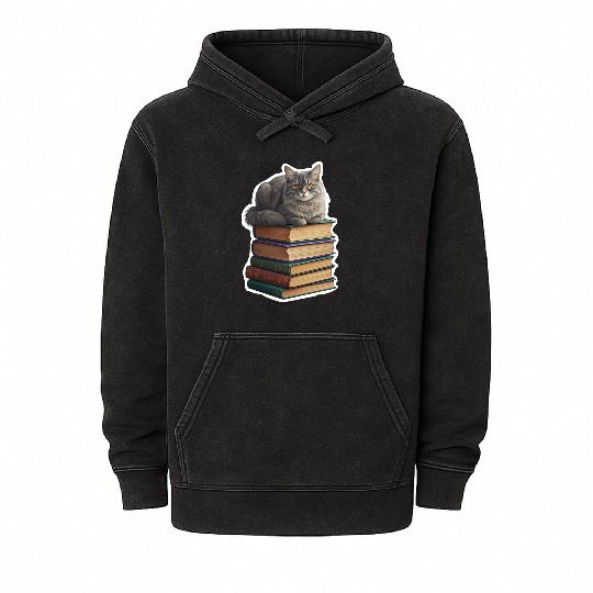 Grey Cat Loaf On Books Mineral Wash Hoodies