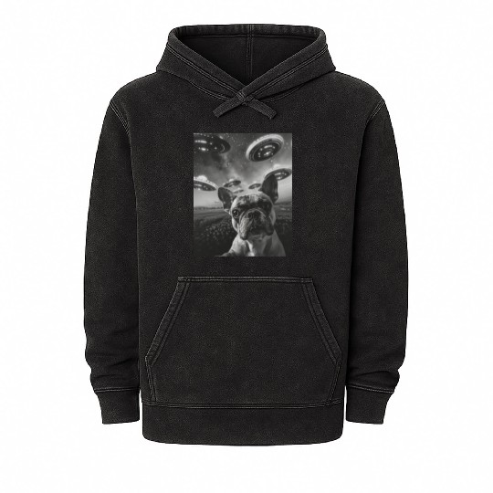 Funny French Bulldog Dog Selfie with UFOs Alien Mineral Wash Hoodies