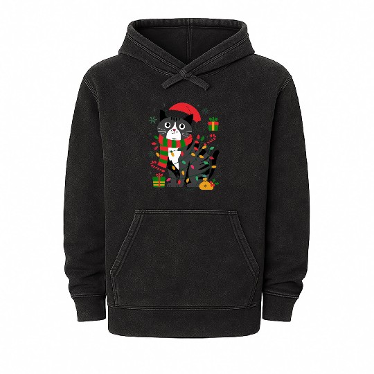 Cute Christmas Cat Design - Festive Lights Mineral Wash Hoodies