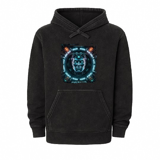 Zodiac sign Aquarius in cyberpunk era Future Mineral Wash Hoodies