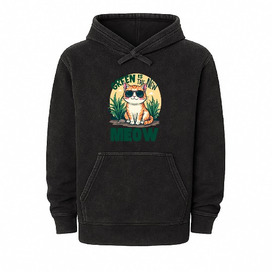 Cool Cat with Sunglasses Green Is the New Meow Mineral Wash Hoodies
