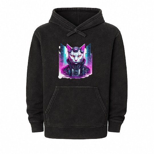 Cyberpunk Feline Warrior Mineral Wash Hoodies