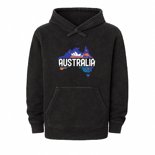 Australia Kangaroo & Sydney Opera House Map Mineral Wash Hoodies