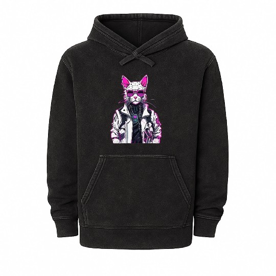 Cyberpunk Cat: Neon Outlaw Mineral Wash Hoodies
