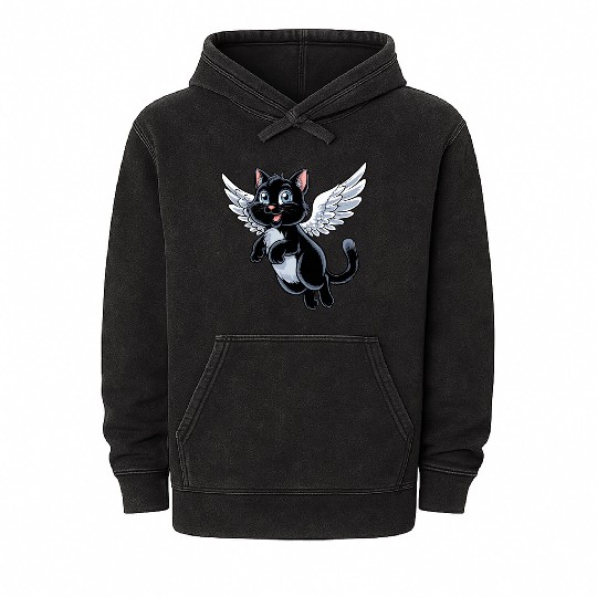 Black Cat with Angel Wings Mineral Wash Hoodies