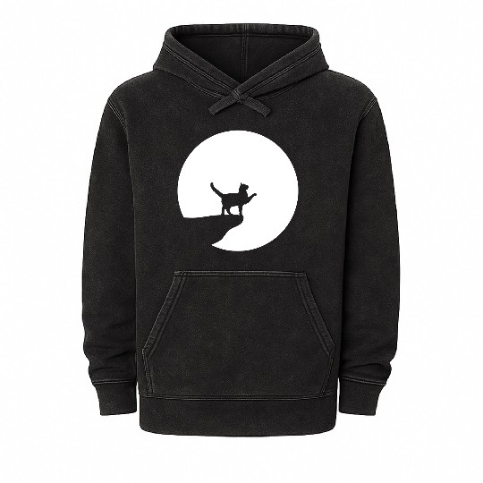 Cat Moon Cliff At Night Werewolf Round Howling Fun Mineral Wash Hoodies