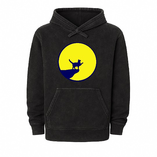Cat Moon Cliff At Night Werewolf Round Howling Fun Mineral Wash Hoodies