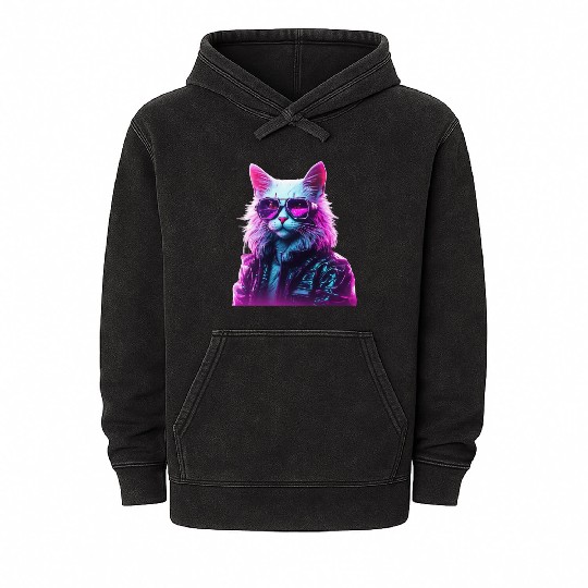 Cyberpunk 80s Disco Cat Mineral Wash Hoodies