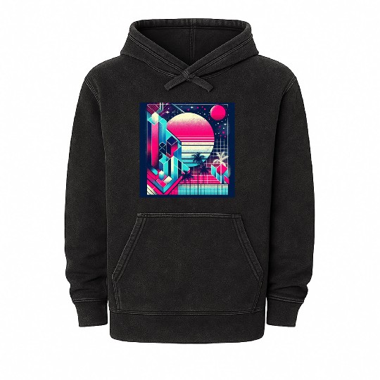 "Retro Neon Cityscape: Geometric Risograph Design" Mineral Wash Hoodies