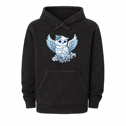 Cute snowy owl blue eyes angel wings cartoon Mineral Wash Hoodies