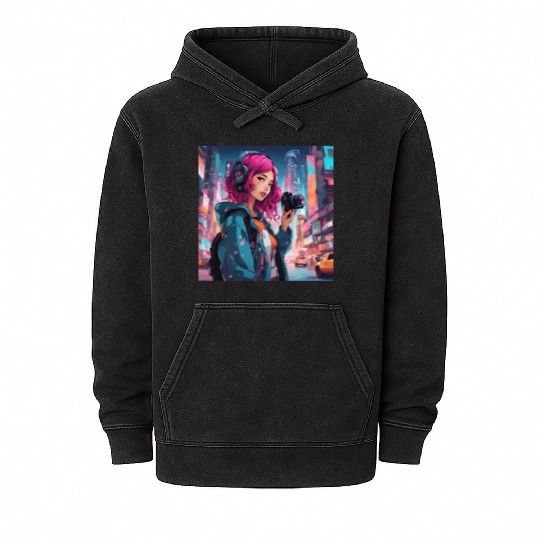 Cyberpunk Pink-Haired Girl - Neon Dreams Mineral Wash Hoodies