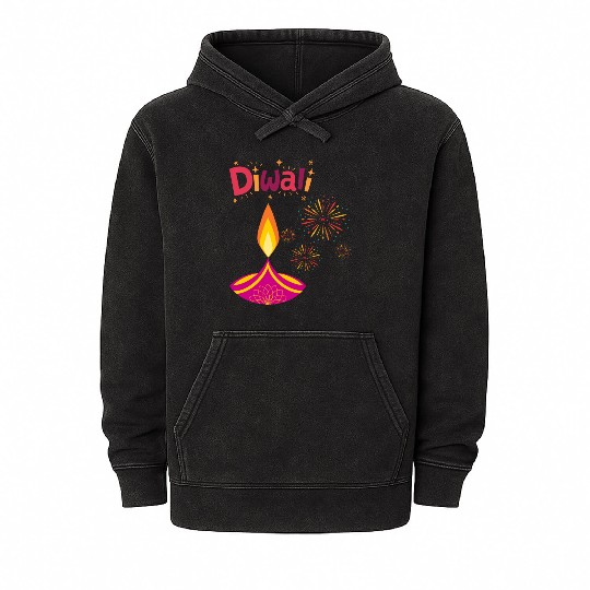 Diwali Design with Lamp & Festive Fireworks Mineral Wash Hoodies