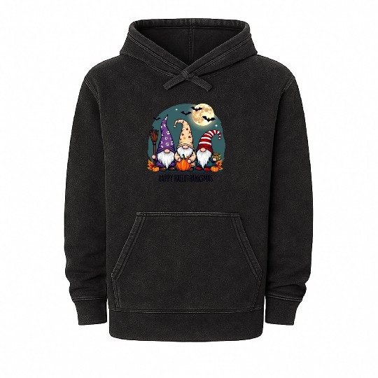 Happy Hallothanksmas Gnomes Celebration with Bats Mineral Wash Hoodies
