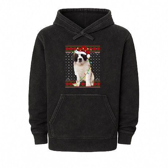 Saint Bernard Dog Ugly Christmas Lights Mineral Wash Hoodies