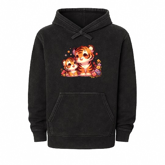 Adorable Tiger Cubs Surrounded By Flowers Mineral Wash Hoodies