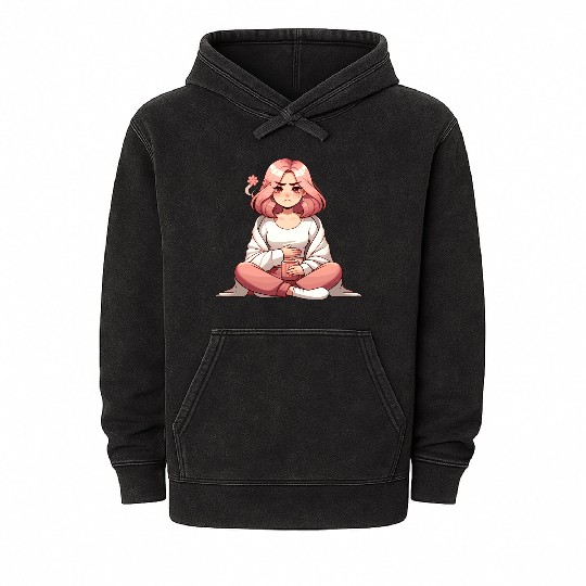 Cute Anime Girl with Mug and Flower Mineral Wash Hoodies