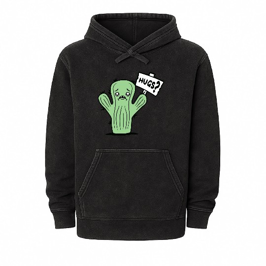 Funny Cactus Sad Face Hugs Sign Lonely Cry Comic Mineral Wash Hoodies