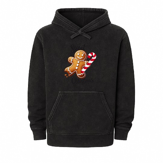Happy gingerbread man with candy cane Mineral Wash Hoodies