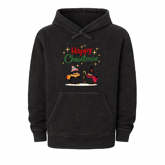 Cute cartoon penguins celebrating Christmas Mineral Wash Hoodies