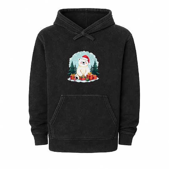 Adorable Polar Bear in Santa Hat Mineral Wash Hoodies