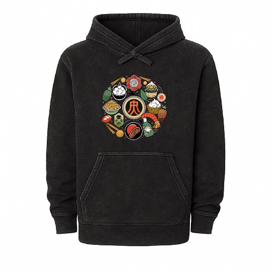 Japanese Cuisine Circle Retro Design Mineral Wash Hoodies
