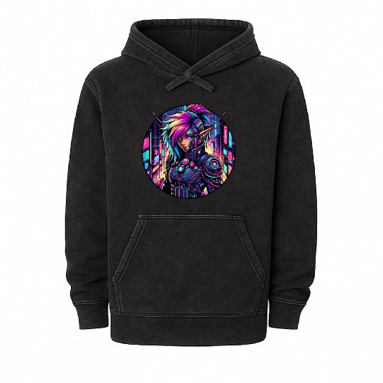 Neon Cyberpunk Elf in Futuristic Cityscape Mineral Wash Hoodies