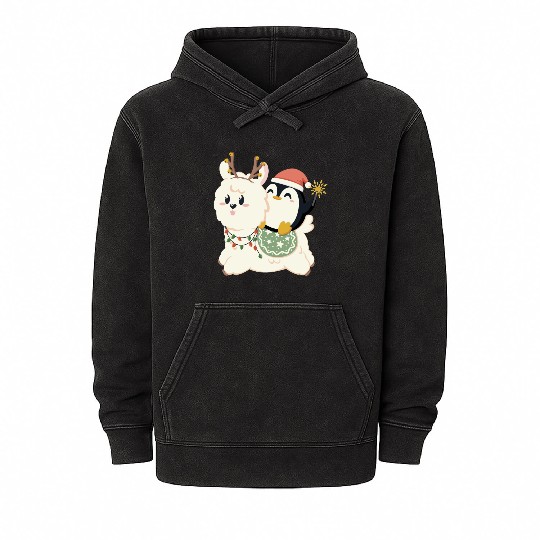 Alpaca and penguin celebrate Christmas Mineral Wash Hoodies