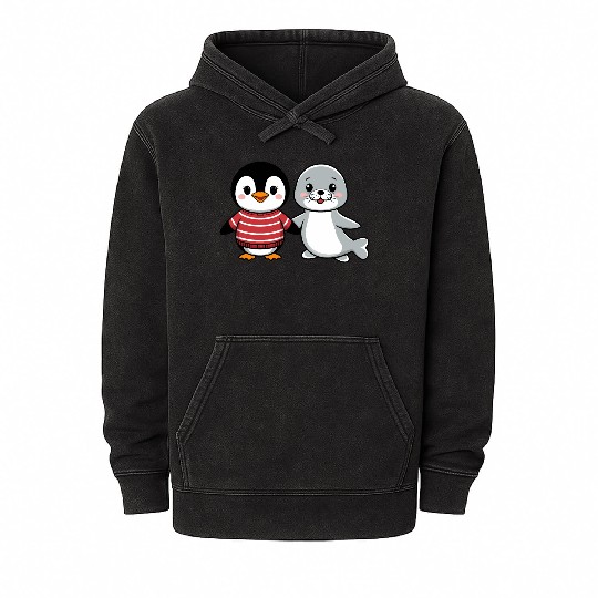 Penguin and Seal Friends holding hands Mineral Wash Hoodies