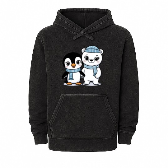 Happy Penguin and Polar Bear Best Friends Mineral Wash Hoodies