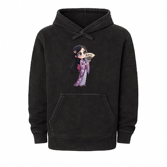 Cute Chibi Geisha Anime Inspired Kimono Design Mineral Wash Hoodies