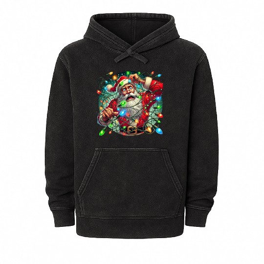 Funny Christmas Santa: Tangled in Lights Mineral Wash Hoodies