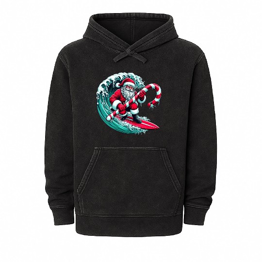Santa Surfing Candy Cane Wave - Christmas Gifts Mineral Wash Hoodies