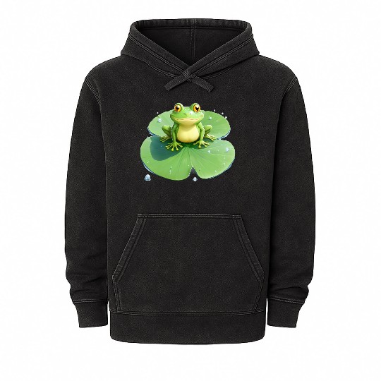 Cheerful Frog on Lily Pad Mineral Wash Hoodies