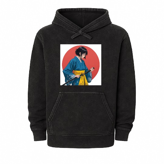 Blossom and Blade: Kimono-Clad Warrior Girl, Japan Mineral Wash Hoodies
