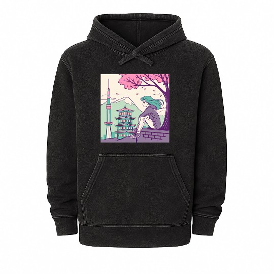 "Peaceful Anime Vibes: Girl Relaxing with Sakura Mineral Wash Hoodies