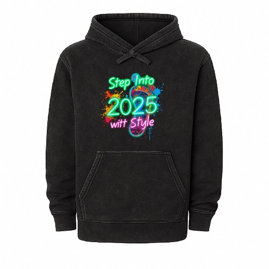 A glowing neon footprint graphic with new year Mineral Wash Hoodies