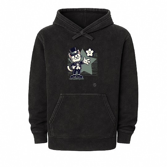 Happy Retro Cartoon Cat in Tuxedo with Star Mineral Wash Hoodies