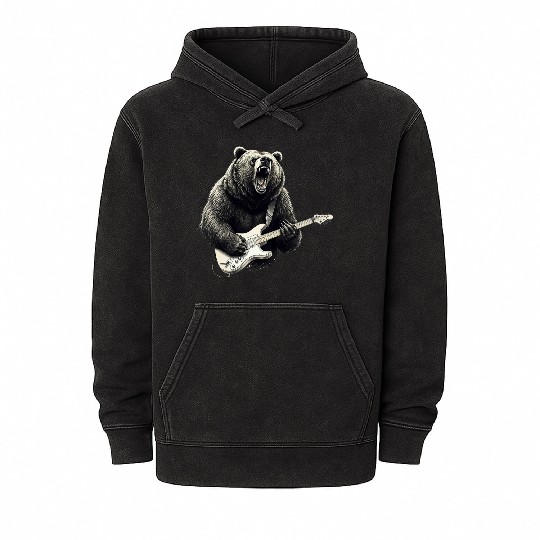 Mens Rock and Roll Bear Electric Guitar Music Band Mineral Wash Hoodies