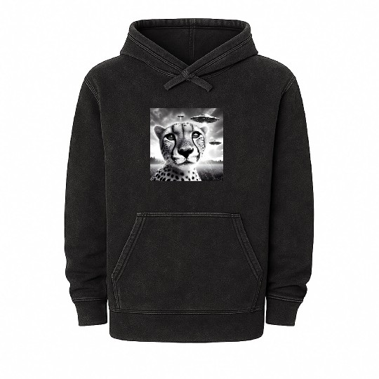 Cheetah Funny Graphic Selfie with UFOs Weird Alien Mineral Wash Hoodies
